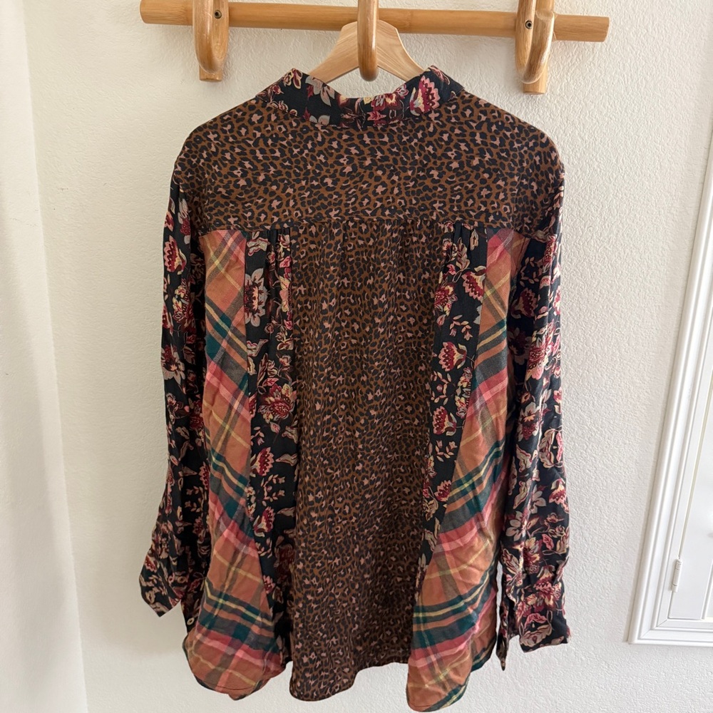 Soft Surroundings brown mixed floral animal print plaid boho long sleeve shirt - Picture 5 of 8